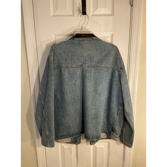 Robert Comstock Denim Jacket Mens Large Blue Leather Collar Made in Italy - Picture 3 of 15